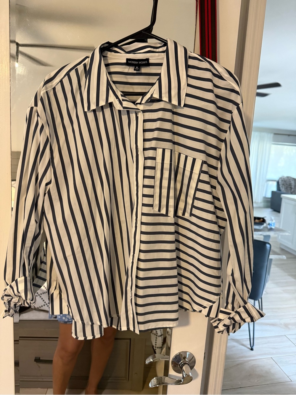 Woman’s Modern Works White and Navy Striped Button-Down Shirt NWOT